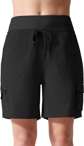 شورت نسائي للمشي لمسافات طويلة مع جيوب، شورت خصر مطاطي سريع الجفاف للنساء، شورت للتخييم في الهواء الطلق والسفر in Kuwait