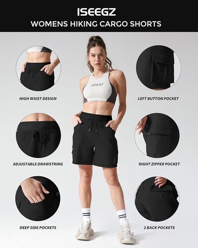 شورت نسائي للمشي لمسافات طويلة مع جيوب، شورت خصر مطاطي سريع الجفاف للنساء، شورت للتخييم في الهواء الطلق والسفر in Kuwait