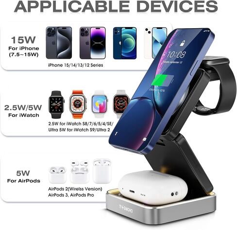 شاحن لاسلكي 3 في 1، محطة شحن متوافقة مع جهاز Magsafe Apple، شاحن مغناطيسي محمول قابل للطي للسفر مصنوع من سبائك الألومنيوم لهاتف iPhone 15 14 13 12 Pro Max Plus Watch & Airpods in Saudi Arabia