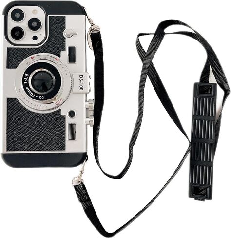 Losin Compatible with iPhone 15 Pro Max Case with Strap Women Girls Girly Vintage 3D Camera Phone Case with Neck Strap Lanyard Shockproof Protective Cover for iPhone 15 Pro Max, Black in Saudi Arabia