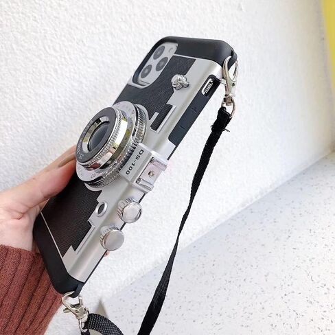 Losin Compatible with iPhone 15 Pro Max Case with Strap Women Girls Girly Vintage 3D Camera Phone Case with Neck Strap Lanyard Shockproof Protective Cover for iPhone 15 Pro Max, Black in Saudi Arabia