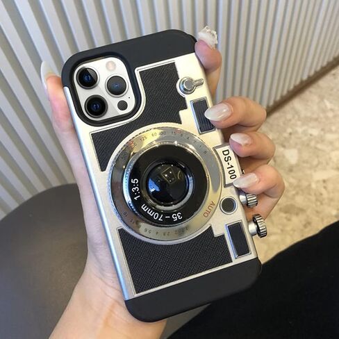 Losin Compatible with iPhone 15 Pro Max Case with Strap Women Girls Girly Vintage 3D Camera Phone Case with Neck Strap Lanyard Shockproof Protective Cover for iPhone 15 Pro Max, Black in Saudi Arabia
