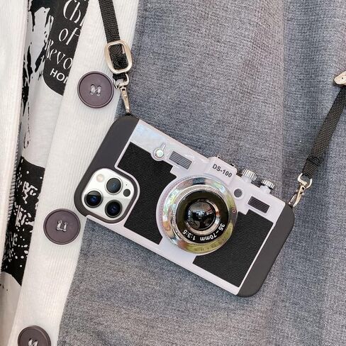 Losin Compatible with iPhone 15 Pro Max Case with Strap Women Girls Girly Vintage 3D Camera Phone Case with Neck Strap Lanyard Shockproof Protective Cover for iPhone 15 Pro Max, Black in Saudi Arabia