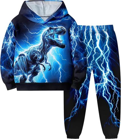 Boys Clothes, T-Rex Print Dinosaur Boy Clothes Fall Winter Outfits Long-sleeved Hooded Sweatshirt Pants 2Pcs Set in Kuwait