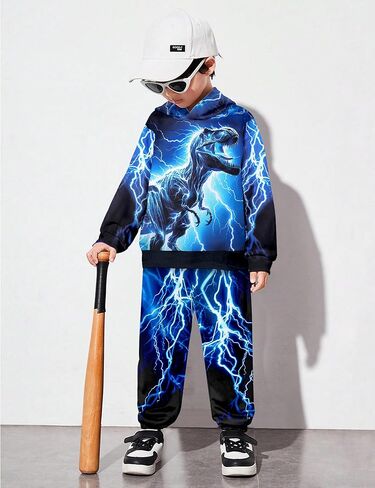 Boys Clothes, T-Rex Print Dinosaur Boy Clothes Fall Winter Outfits Long-sleeved Hooded Sweatshirt Pants 2Pcs Set in Kuwait