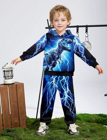 Boys Clothes, T-Rex Print Dinosaur Boy Clothes Fall Winter Outfits Long-sleeved Hooded Sweatshirt Pants 2Pcs Set in Kuwait