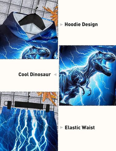 Boys Clothes, T-Rex Print Dinosaur Boy Clothes Fall Winter Outfits Long-sleeved Hooded Sweatshirt Pants 2Pcs Set in Kuwait