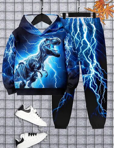 Boys Clothes, T-Rex Print Dinosaur Boy Clothes Fall Winter Outfits Long-sleeved Hooded Sweatshirt Pants 2Pcs Set in Kuwait