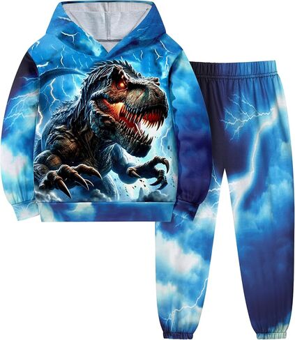 Boys Clothes, T-Rex Print Dinosaur Boy Clothes Fall Winter Outfits Long-sleeved Hooded Sweatshirt Pants 2Pcs Set in Kuwait