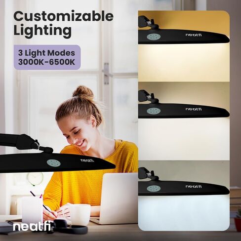 Neatfi XL 2,200 Lumens LED Task Lamp, 24W, 117 Pcs SMD LED, 4 Level Brightness, Dimmable, Desk Light for Home, Office, Workbench (Non-CCT with Base, Black) in Kuwait