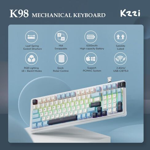 لوحة مفاتيح الألعاب اللاسلكية K98، لوحة مفاتيح مخصصة ثلاثية الوضع BT5.0/2.4G/USB-C مثبتة على حشية، لوحة مفاتيح ميكانيكية قابلة للتبديل السريع بإضاءة خلفية RGB، دعم البرامج، مفاتيح خطية مسبقة التشحيم in Kuwait