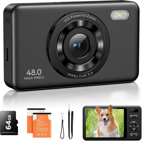 Digital Camera with 64GB Card, FHD 1080P 48MP Kids Camera with 16X Zoom Anti Shake 2 Batteries, Compact Portable Small Point and Shoot Digital Cameras Gift for Kid Student Children Teen Girl Boy in Saudi Arabia