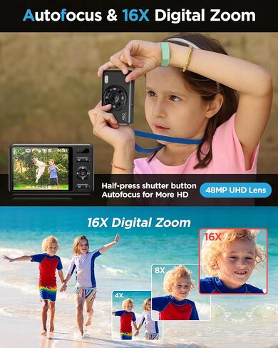 Digital Camera with 64GB Card, FHD 1080P 48MP Kids Camera with 16X Zoom Anti Shake 2 Batteries, Compact Portable Small Point and Shoot Digital Cameras Gift for Kid Student Children Teen Girl Boy in Saudi Arabia