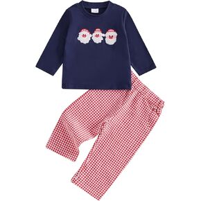 Toddler Boy Girl Fall Outfits Embroidered Long Sleeve Crewneck Sweatshirts Top Plaid Pants 2Pcs Winter Clothes Set