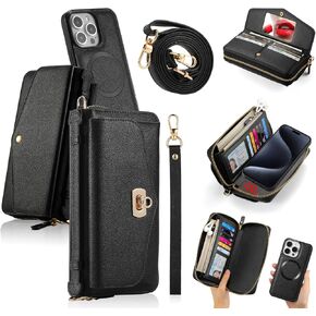 LITOU Compatible for iPhone 16 Pro Max Crossbody Wallet Purse Phone Case with Detachable Magnetic,RFID Blocking Card Holder,Zipper Leather Wallet Wrist Lanyard Strap Case for Women.Blue Flower in Kuwait