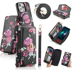 LITOU Compatible for iPhone 16 Pro Max Crossbody Wallet Purse Phone Case with Detachable Magnetic,RFID Blocking Card Holder,Zipper Leather Wallet Wrist Lanyard Strap Case for Women.Blue Flower