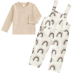 Toddler Girl Fall Outfits Bib Overalls Jumpsuit Set Long Sleeve Ribbed Top Rainbow Suspenders Pants 2-Piece Clothing