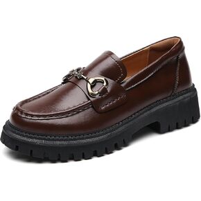 Loafers for Women Women's Loafers & Slip-ons Platform Chunky Heel Penny Leather Round Toe Non-Slip Metal Chain Business Casual Shoes Comfortable Dress Shoes Office Work Slip on Shoes