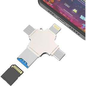 4 in1 USB OTG Adapter with Lightning USB Type C Micro USB Port,[MFi Certified] Portable TF Memory Card Adapter Compatible for iPhone 16 15 14 13 12 11 XS XR X 8 7 6 iPad Pixel to PC Computer Camera