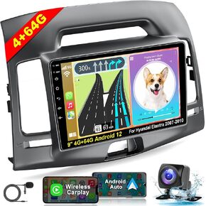 4G+64G Android Car Radio for Hyundai Elantra 2007-2010, 9 Inch Touch Screen Stereo with Wireless CarPlay, Android Auto, GPS Navigation, 5G WiFi, Bluetooth 5.2, HD Rear Camera, SWC, FM/RDS Radio