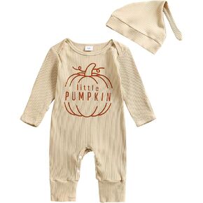 YOKJZJD Newborn Baby Boy Girl Halloween Outfit Pumpkin Knitted Long Sleeve Romper Jumpsuit with Hat Mitten Cuffs Fall Clothes