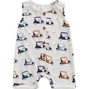 Infant Baby Girls Boys Romper Golf Car Print Sleeveless Buttons Crew Neck Jumpsuit Summer Casual Clothes Bodysuits