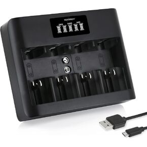 Tenergy 4 Pack Centura Lite D Size Batteries and TN486U 5-Bay Universal Battery Charger with LCD, Micro USB/Type C Input