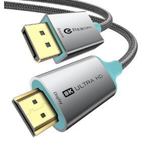 Reborn DisplayPort to HDMI Cable 8K@60Hz 4K@144/120Hz 6FT Uni-Directional Active DP 1.4 Source to HDMI 2.1 Braided Cord Display Port Cable Support HDR,HDCP2.3,DSC1.2a,32.4Gbps for AMD,NVIDIA