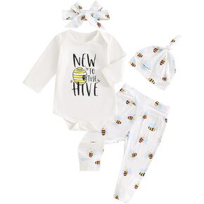 Chloefairy Newborn Baby Boy Girl Clothes Bumble Bee New to the Hive Bodysuit Pants Hat Headband 4Pcs Fall Coming Home Outfit
