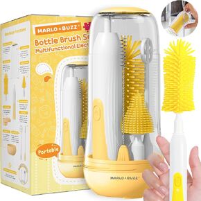 Marlo & Buzz Electric Baby Bottle Brush Cleaner Set, Rechargeable Waterproof Silicone Brushes with Large Bottle Brush, Nipple Brush, Straw Brush, Milk Stirrer, Drying Rack (Green)
