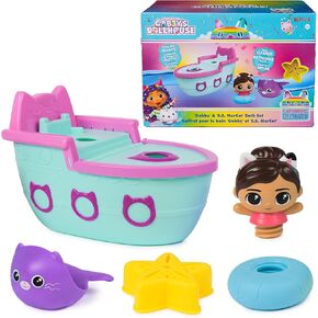 Gabby’s Dollhouse: Gabby & SS Mercat Bath Set, Floating Toddler Bath Toys with Cruise Ship & Squirter, Kids Toys for Girls & Boys Ages 3+