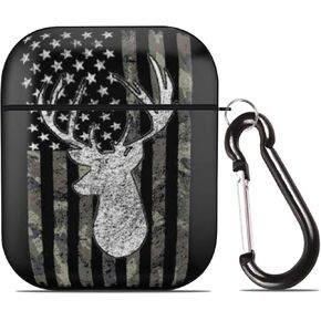 Deer Camo Camouflage American Flag Hunting AirPods Case Cover for Airpods 1&2, Wireless/Wired Charging Protective AirPods Case with Keychain Black, Buckie