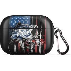 Fishing American Flag USA Bass Fish for AirPods Case Cover for AirPods Pro, Wireless/Wired Charging Protective AirPods Pro Case with Keychain, Buckie