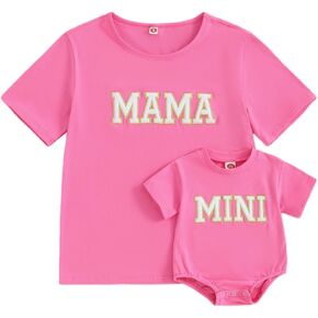 Mommy and Me Matching Shirts Outfit Cute Letter Graphic Tshirt Tops Mom and Mini Matching Outfits (Baby, Mom Mini Beige, 3-6 Months)