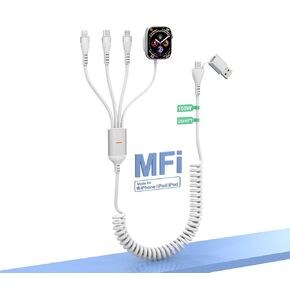 4 in 2 Multi Charging Cable with Apple Watch Charger - 100W Coiled USB C Multi iWatch Charger Fast Charging Cable,Portable Charger Retractable Cable for iPhone, iPad, Tablet, Apple Watch Charging Cord