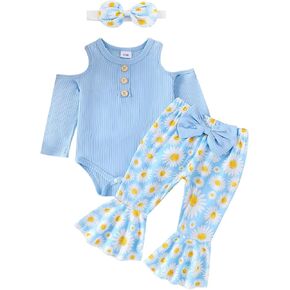 ZAXARRA Infant Baby Girl Fall Outfits Off Shoulder Baby Girl Romper Floral Pants with Headband 3Pcs Festival Clothes