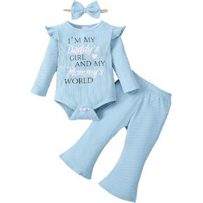 Newborn Baby Girl Clothes Ribbed Knitted Ruffle Sleeve Romper and Long Pants Solid Color Fall Winter Outfits