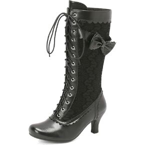 LUXMAX Women Gothic Victorian Boots Low Kitten Heel Mid Calf Boots Lace Up Cute Bow Boots for Ladies Witch Shoes