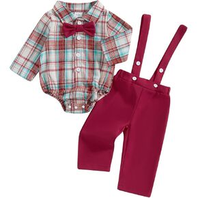 Baby Boy Fall Clothes Infant Boy Button Down Plaid Romper Overall Sweatpants Gentlemen Boy Festival Outfits