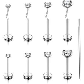 TOPBRIGHT 8Pcs 20G Flat Back Earrings 316L Surgical Steel Threadless Tragus Cartilage Nose Stud Push Pin Lip Stud Rings Medusa Piercing Jewelry Hypoallergenic Colorful