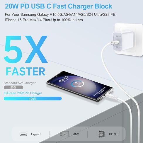 صندوق شاحن USB C سريع الشحن من سامسونج لهاتف Galaxy A15 5G A35 A54 S24 Ultra Z Flip6/Fold6 A25 A55 A14 S23 FE A13 A53 A23، قابس حائط من النوع C لهاتف iPhone 16 15 14 13 12 11 Pro Max Plus، Pixel 9 8a 7 6 in Kuwait