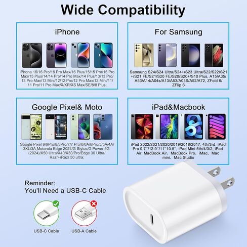 شاحن USB C للشحن السريع، صندوق من النوع C بقوة 20 وات لهاتف iPhone 16/16Pro/16Pro Max/16Plus، قالب USB C لهاتف Samsung Galaxy S24/S23/S22/S21/S20FE Ultra/Z Flip 6/Z Fold 6، Pixel 9 8 موتورولا razr2024/G55 in Kuwait