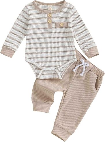 Pivanzore Newborn Baby Boy Clothes Infant Boy Girl Striped Long Sleeve Sweatshirt Romper Bodysuit Soft Fall Winter Outfit in Saudi Arabia