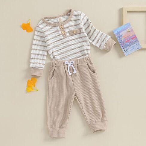 Pivanzore Newborn Baby Boy Clothes Infant Boy Girl Striped Long Sleeve Sweatshirt Romper Bodysuit Soft Fall Winter Outfit in Saudi Arabia