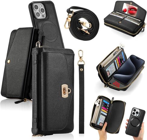 LITOU Compatible for iPhone 16 Pro Max Crossbody Wallet Purse Phone Case with Detachable Magnetic,RFID Blocking Card Holder,Zipper Leather Wallet Wrist Lanyard Strap Case for Women.Blue Flower in Kuwait