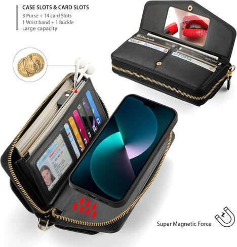 LITOU Compatible for iPhone 16 Pro Max Crossbody Wallet Purse Phone Case with Detachable Magnetic,RFID Blocking Card Holder,Zipper Leather Wallet Wrist Lanyard Strap Case for Women.Blue Flower in Kuwait