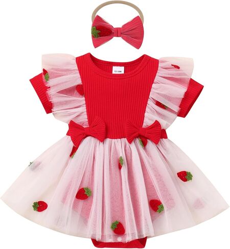 ODASDO Baby Girls 1st Birthday Dress Ribbed Knit Short Sleeve Princess Tutu Tulle Romper Dress + Bow Headband in Saudi Arabia
