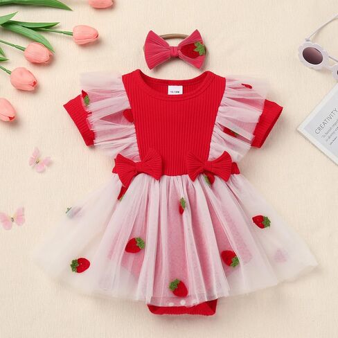 ODASDO Baby Girls 1st Birthday Dress Ribbed Knit Short Sleeve Princess Tutu Tulle Romper Dress + Bow Headband in Saudi Arabia