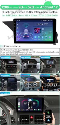 ترقية راديو ستيريو السيارة ASURE لسيارة Benz GLK Class X204 2008-2015، 9 بوصة 4Core 2+32GB وحدة رأس الملاحة داخل لوحة القيادة مع Carplay Android Auto 1280x800 مشغل فيديو بشاشة تعمل باللمس in Saudi Arabia