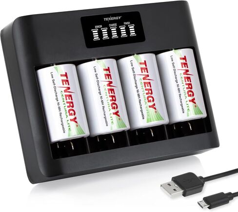 Tenergy 4 Pack Centura Lite D Size Batteries and TN486U 5-Bay Universal Battery Charger with LCD, Micro USB/Type C Input in Saudi Arabia